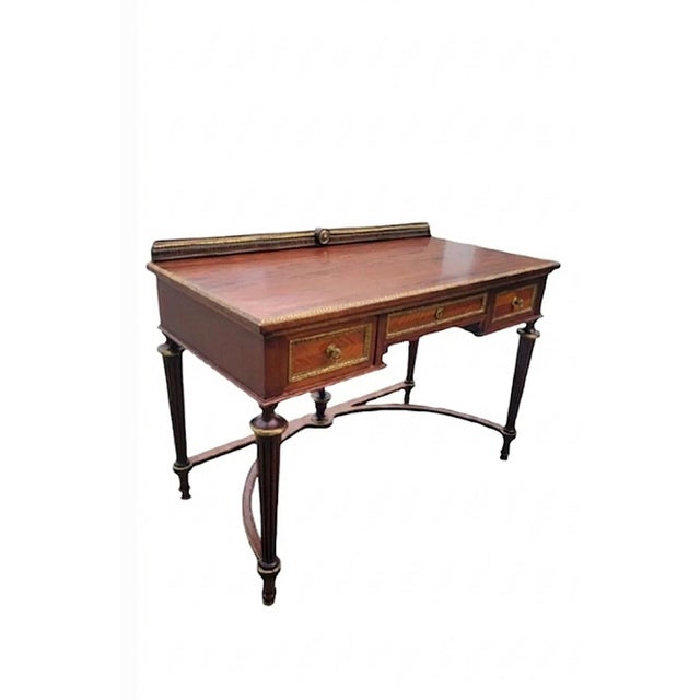 Vintage Antique Louis XVI French Directoire Flame Mahogany Gold Metal Ormolu Accent Writing Desk For Sale - Image 12 of 12