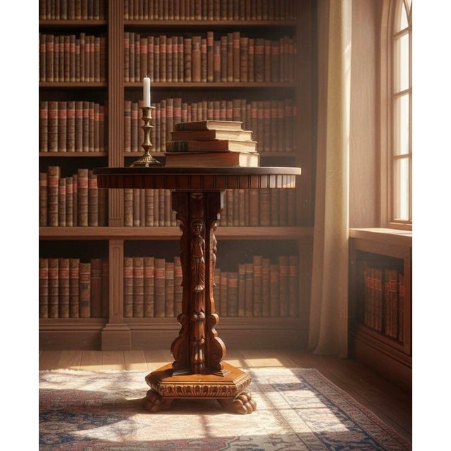 A richly carved antique pedestal table showcasing figural craftsmanship and classical influence. Likely dating to the late...