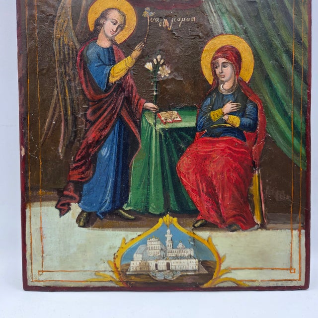 Brown 19th Century Greek Orthodox Annunciation Archangel Gabriel and Virgin Mary Icon Painting on Wood Block For Sale - Image 8 of 10