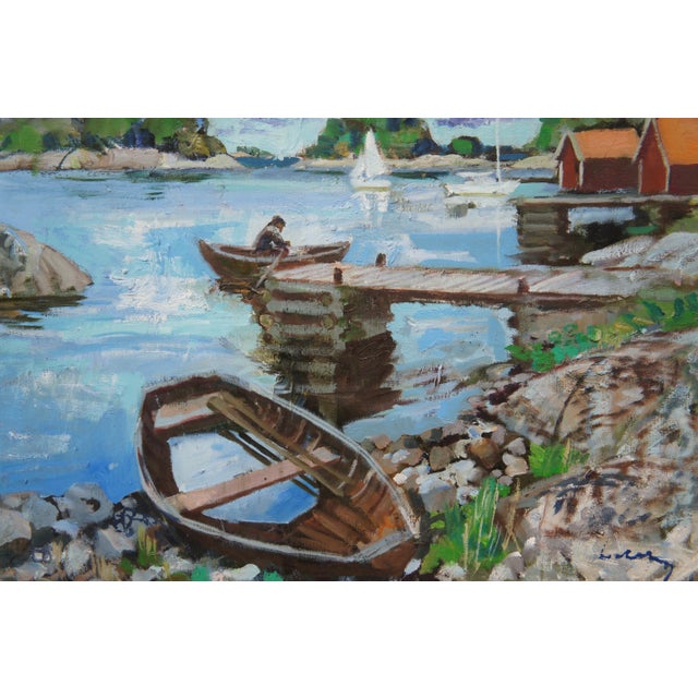 Mid 20th Century 20th Century Impressionist Oil on Canvas Dockside Seascape Painting Framed 40" For Sale - Image 5 of 11