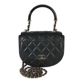 Black Quilted Lambskin CC Half Moon Top Handle Flap For Sale