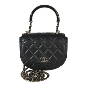 Black Quilted Lambskin CC Half Moon Top Handle Flap