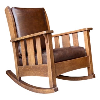 1910s Mission Oak Stickley Brothers Rocking Chair W/ Leather Upholstery For Sale
