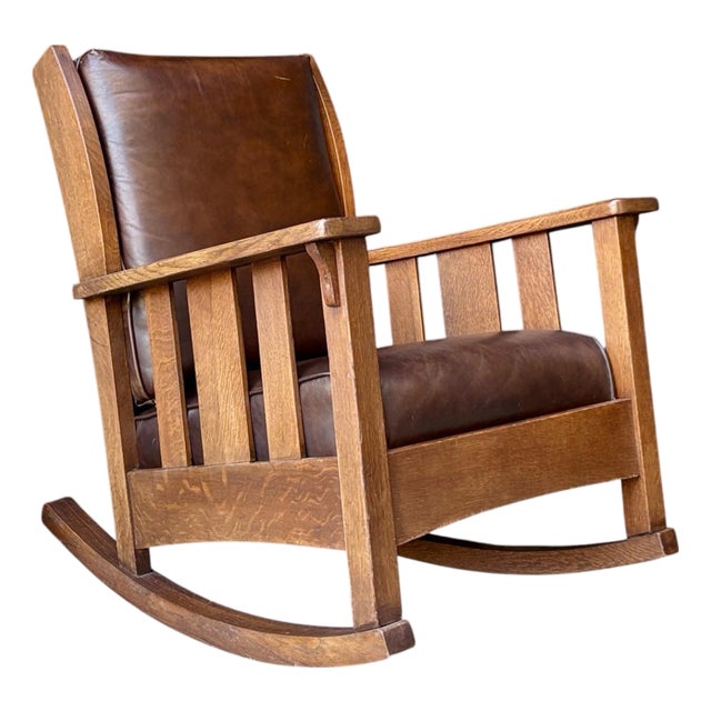 1910s Mission Oak Stickley Brothers Rocking Chair W/ Leather Upholstery For Sale