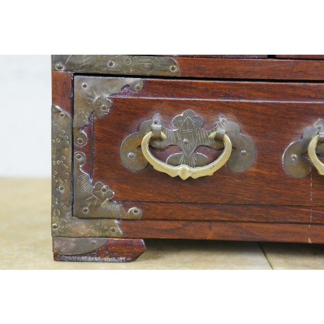 Mid 20th Century Chinese Rosewood & Brass Inlaid Locking Jewelry Box Tansu Cabinet 12" For Sale - Image 10 of 18