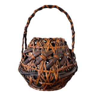 Antique Japanese Smoked Bamboo Basket Ikebana Mingei For Sale