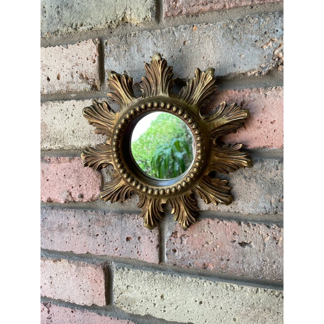 Vintage 1960s Petite 8.5" Acanthus Leaf Sunburst Wall Mirror For Sale - Image 13 of 16