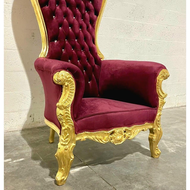 1990s French Style Burgundy Velvet High-Back Tufted Gold For Sale - Image 5 of 7