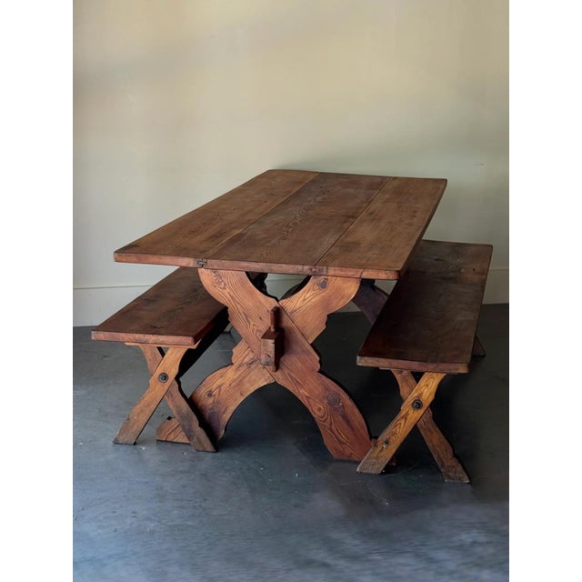 Wonderful age and patina, solid wood comes with two matching benches. Put together by large wedge joints, lovely Spanish...