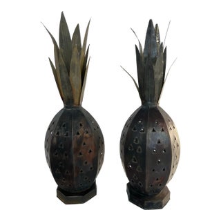 Vintage Mexican Punched Tin Pineapple Lantern Votive Candle Holders – Hojalata Folk Art a Pair For Sale