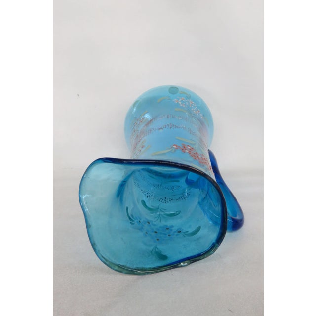 Tall Hand Blown Glass Blue and Hand Painted Flowers Pitcher For Sale - Image 4 of 13