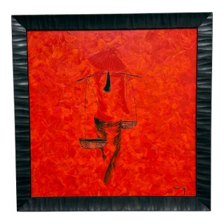 Asian Contemporary Bold Artwork With Figure Inset, Framed + Signed For Sale