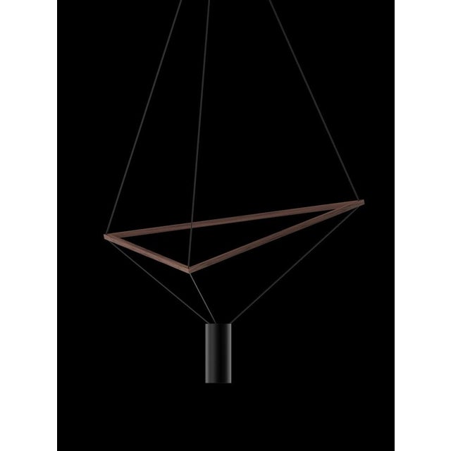 Ceiling lamp with natural wood structure and black paint lampshade. The wooden triangular structure can be freely tilted...