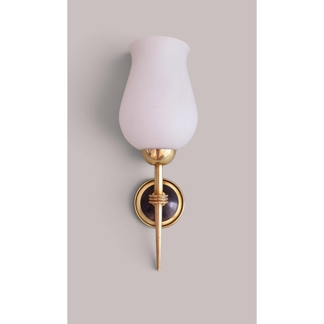1950s Vintage Wall Sconces in Brass and Opaline Glass from Arlus, 1950s, Set of 2 For Sale - Image 5 of 18