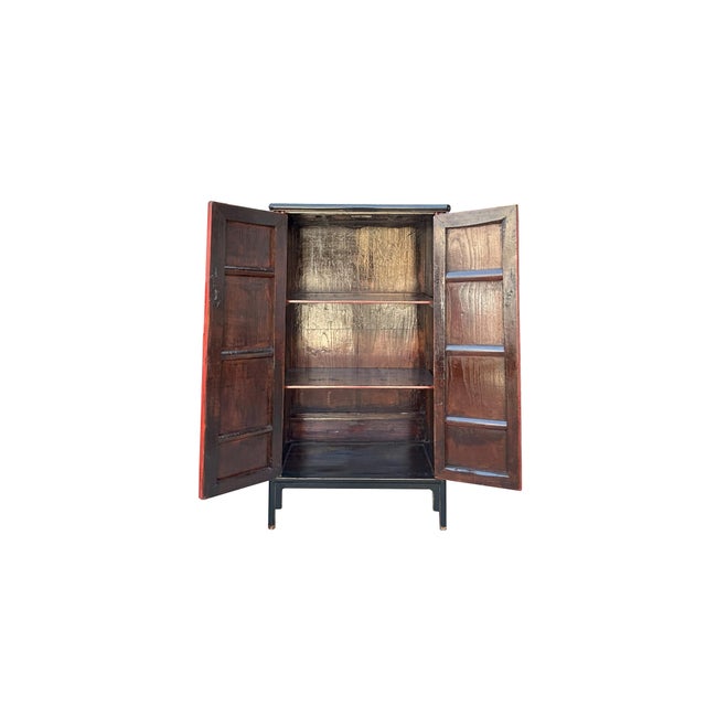 Distressed Black Rim Chinese Red MoonFace Doors Storage Cabinet For Sale - Image 4 of 5