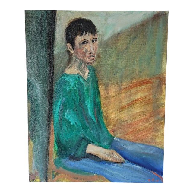 1990s Vintage Portrait of "Man in Green Shirt" Oil on Canvas Board by Rosemary Rabut For Sale