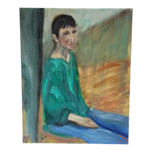 1990s Vintage Portrait of "Man in Green Shirt" Oil on Canvas Board by Rosemary Rabut