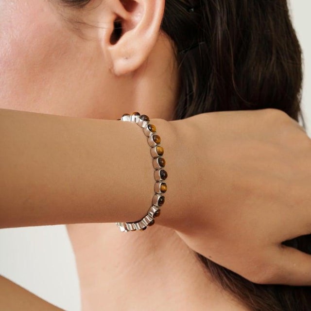 Tiger’s Eye Cushion Cut Tennis Bracelet in 925 Silver For Sale - Image 6 of 12