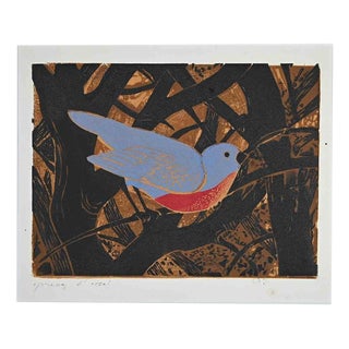 Giselle Halff, Bird in the Branches, Woodcut Print, Mid,20th-Century For Sale