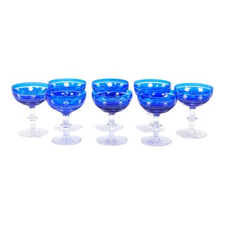 Val Saint Lambert Cobalt Crystal Champagne Coupe Glass, Service for 8 People For Sale