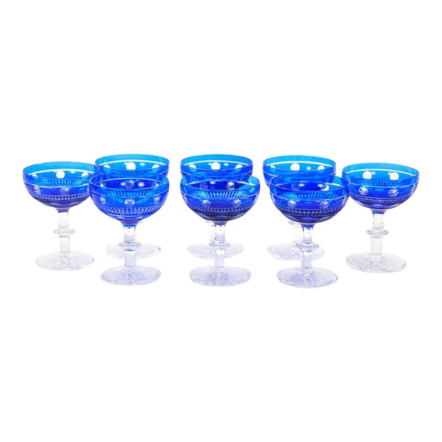 Val Saint Lambert Cobalt Crystal Champagne Coupe Glass, Service for 8 People For Sale