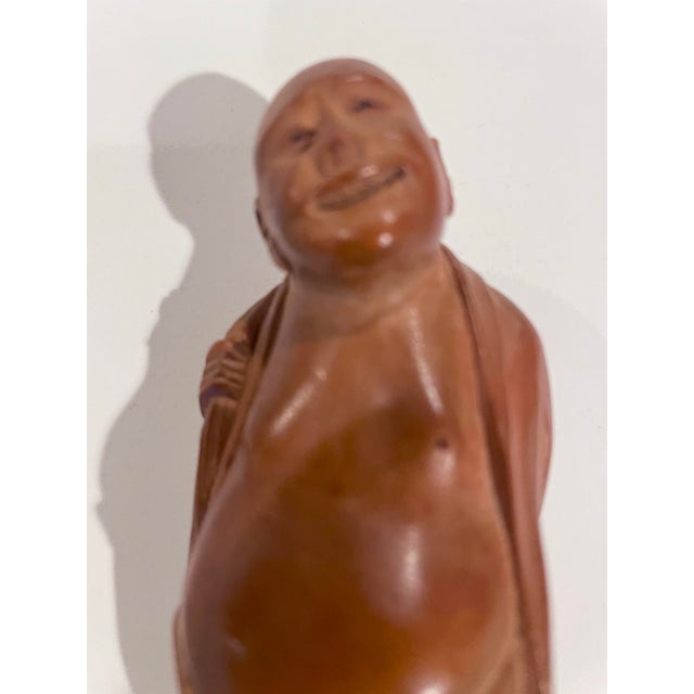 Smiling with bag Buddha Chinese Carved boxwood Antique 1920s 1930s Statue Figure Figurine Small