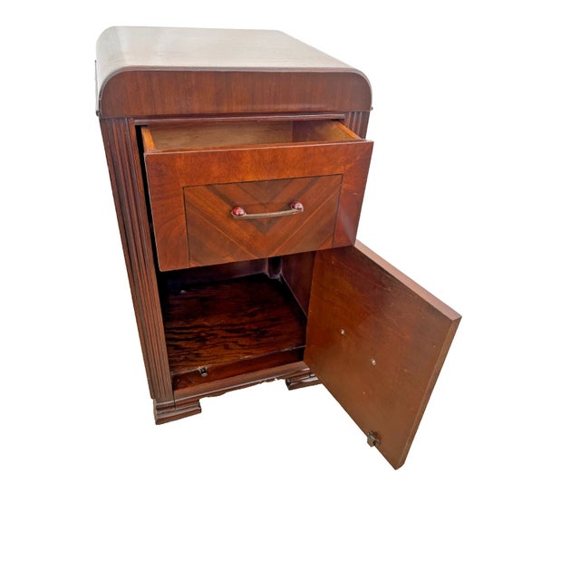 1920s Art Deco Table Nightstand Cabinet Dovetail Drawer Bake Lite Handle Inlays For Sale In Palm Springs - Image 6 of 12
