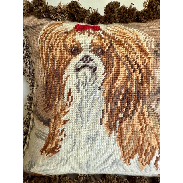 Vintage Needlepoint Fringe Pillow of Shih Tzu Dog For Sale - Image 4 of 8