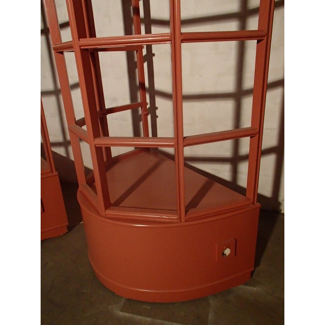 Wood Oval Salmon-Colored Display Cases with Glass Shelves and Lighting, 1985, Set of 2 For Sale - Image 7 of 12