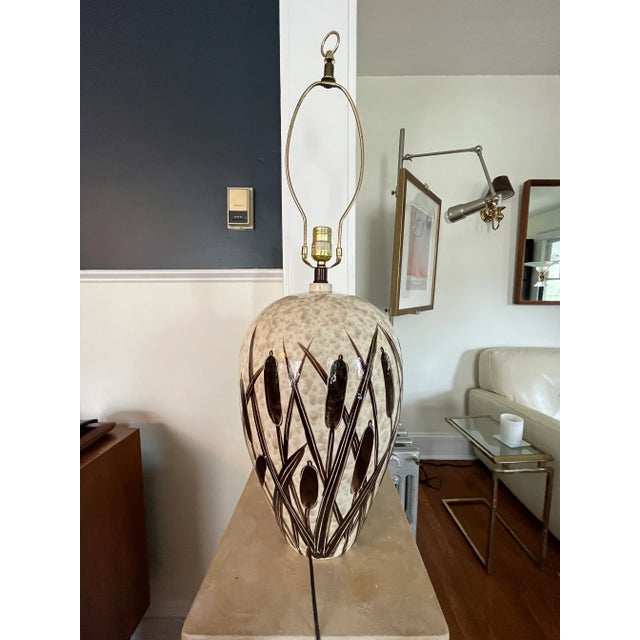 American Vintage Ceramic Cattail Lamp For Sale - Image 3 of 6