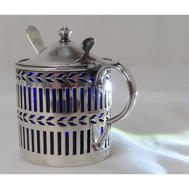 Antique Edwardian Sterling Silver & Cobalt Blue Glass Mustard Pot For Sale In Boston - Image 6 of 13