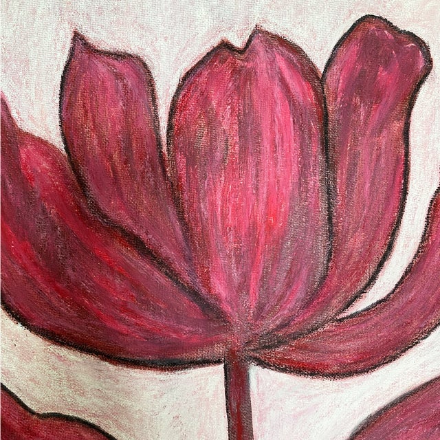 Chinoiserie Original Framed Tulip Painting, Red Floral Wall Art, Acrylic on Canvas in Gold Bamboo Frame, 13x13 Botanical Boho Home Decor by Tatiana Duperault For Sale - Image 3 of 4