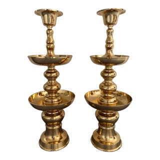 Pair of Very Large Polished Brass Floor Candle Holders For Sale