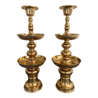 Pair of Very Large Polished Brass Floor Candle Holders For Sale