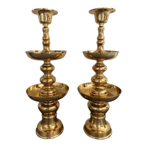 Pair of Very Large Polished Brass Floor Candle Holders