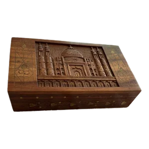 1990s Hand Carved Taj Mahal Wooden Jewelry Box, India