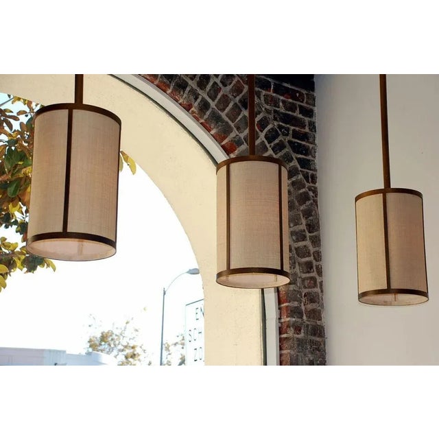 Contemporary Cylindre' Patinated Brass and Raffia Pendant Lights, Design Frères - Set of 4 For Sale - Image 3 of 7