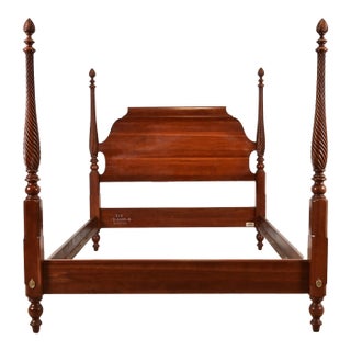 Ethan Allen Georgian Carved Solid Cherry Wood King Size Poster Bed For Sale