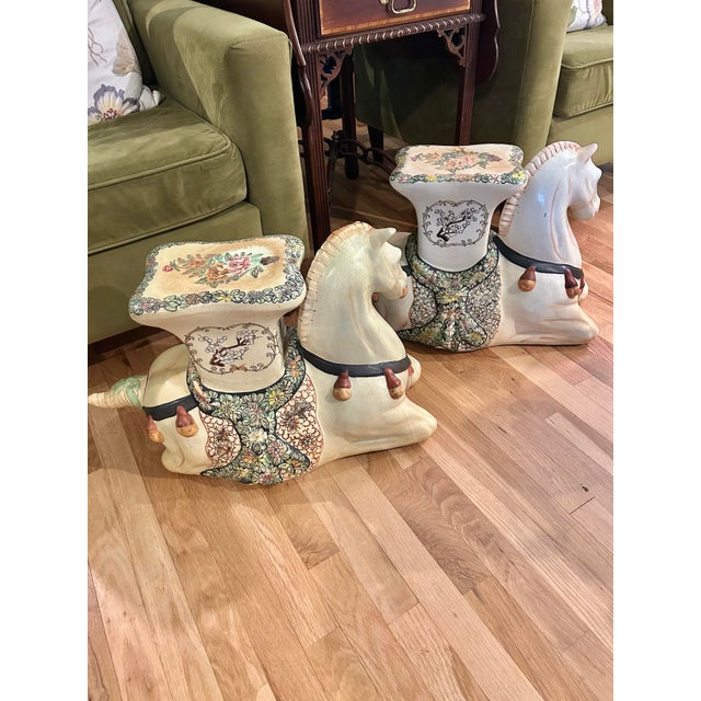 Chinoiserie Early 20th Century Matched Pair of Chinoiserie Earthenware Tang Style Horse Garden Stools For Sale - Image 3 of 12