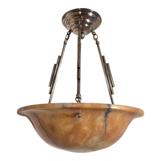 Early 20th Century Honey Amber Hand Carved Original Alabaster Bowl W/ Stepped Nickeled Bronze Stem For Sale