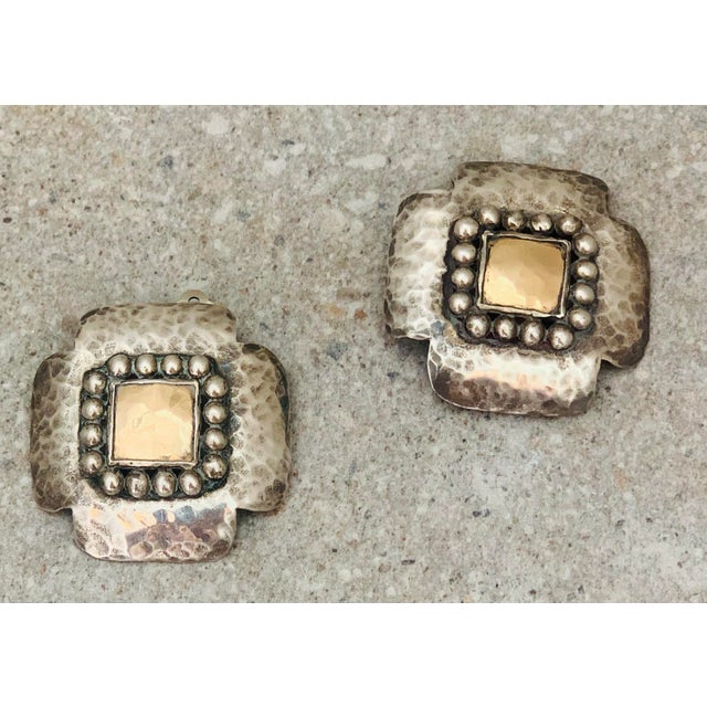 Metal Early Vintage 1980’s Dian Malouf Oxidized Sterling & 14k Gold Hammered ‘Signature’ Cross Earrings, With Beaded Silver Frame For Sale - Image 7 of 11