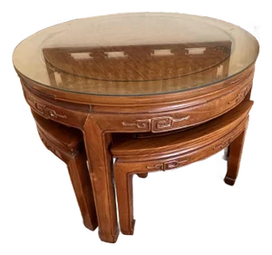 1950s Chinese Ming Style Hand-Carved Rosewood Coffee Table + Stools - Set of 5