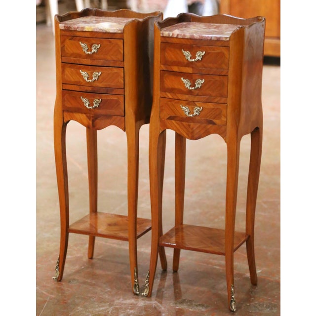 Pair of Mid-Century French Louis XV Walnut Marquetry Marble-Top Nightstands For Sale In Dallas - Image 6 of 13