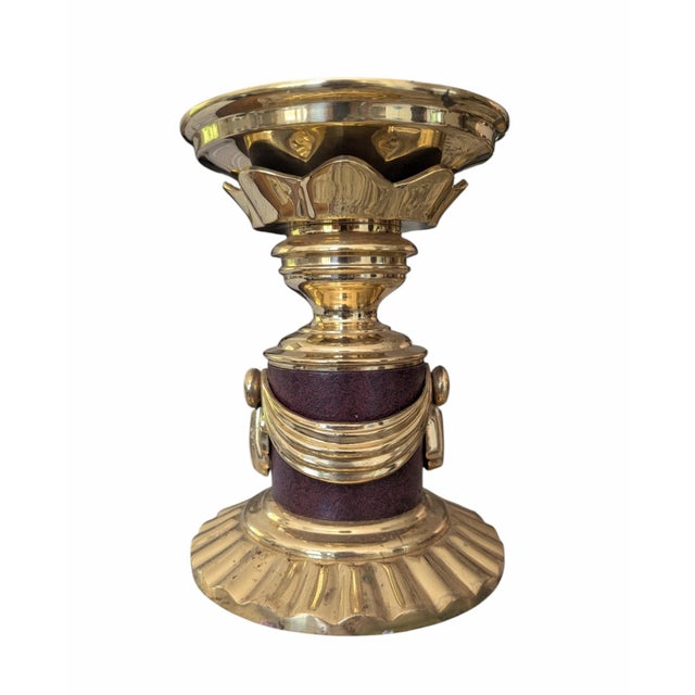 A Vintage Altar Candle Holder featuring a Brass Swag Tassel motif Meant to Hold a Pillar Candle Stands at 8" Tall