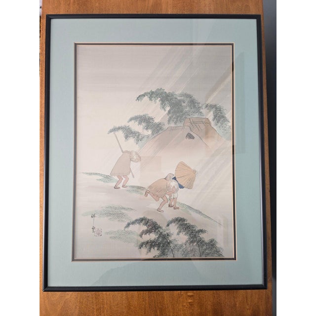 Vintage Japanese Silk Painting Signed Shoun, Travelers in Rain Nihonga Watercolor, Japandi Wall Art, Zen Landscape Decor...