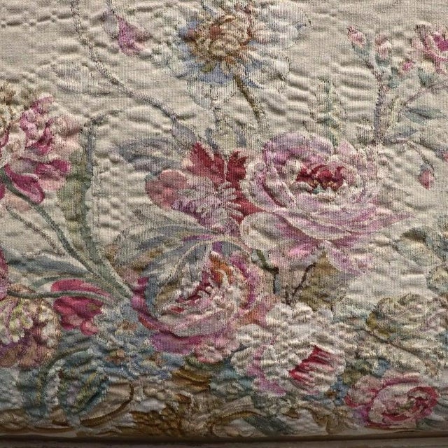 Pair of Antique French Louis XV Carved Wood & Floral Tapestry Twin Beds C1910 For Sale - Image 4 of 13