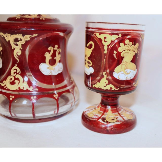 Antique 1800's Hand Enameled Painted Etched German Glass Wine Decanter W Chalice For Sale In New York - Image 6 of 12