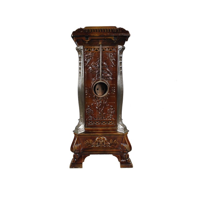Antique French Art Nouveau Brown Majolica and Enameled Cast Iron Fireplace Tower Stove with Floral Reliefs, 1920s For Sale - Image 4 of 14