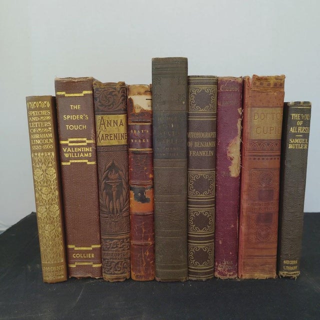 Paper Antique Late 19th Century Distressed Brown & Gold Gilt Leatherbound Classic Novels & Memoirs, Samuel Butler, Thomas Gray, Benjamin Franklin,Set of 9 For Sale - Image 7 of 7