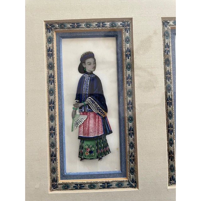 Vintage Chinese Pith Paper Painting Pair Framed Qing Style Export Portrait Art For Sale - Image 4 of 6